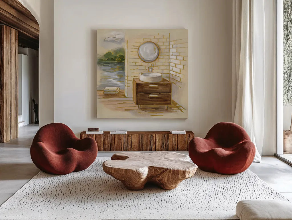 Spa by the Lake I by Silvia Vassileva. Shown as extra-large giant wall art in a modern living room. Available as an archival giclee rolled canvas, fine art paper, or poster print. SKU 65832a.