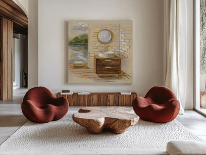 Spa by the Lake I by Silvia Vassileva. Shown as extra-large giant wall art in a modern living room. Available as an archival giclee rolled canvas, fine art paper, or poster print. SKU 65832a.