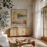 Spa by the Lake II by Silvia Vassileva. Shown in a natural wood frame in a cozy modern living room. Available as an archival giclee rolled canvas, fine art paper, or poster print. SKU 65833a.