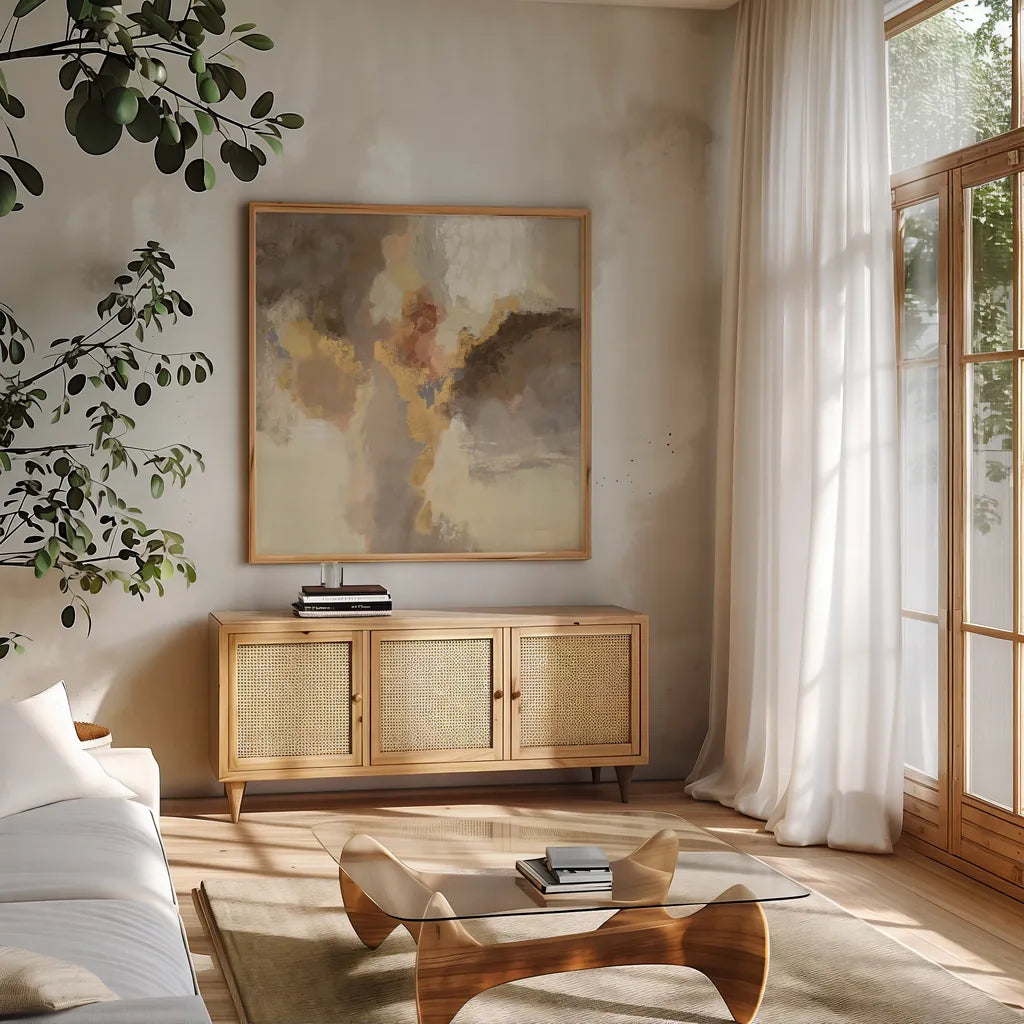 Sparkle Abstract I by Silvia Vassileva. Shown in a natural wood frame in a cozy modern living room. Available as an archival giclee rolled canvas, fine art paper, or poster print. SKU 60170a.