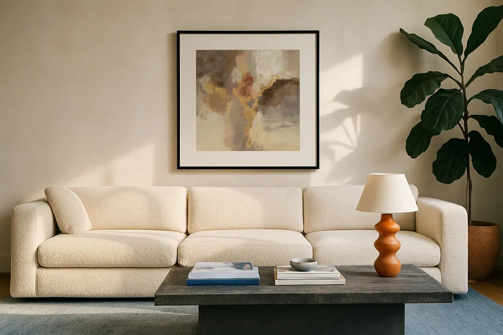 Sparkle Abstract I by Silvia Vassileva. Displayed in a glass frame with matte in a clean modern living room. Available as an archival giclee rolled canvas, fine art paper, or poster print. SKU 60170a.