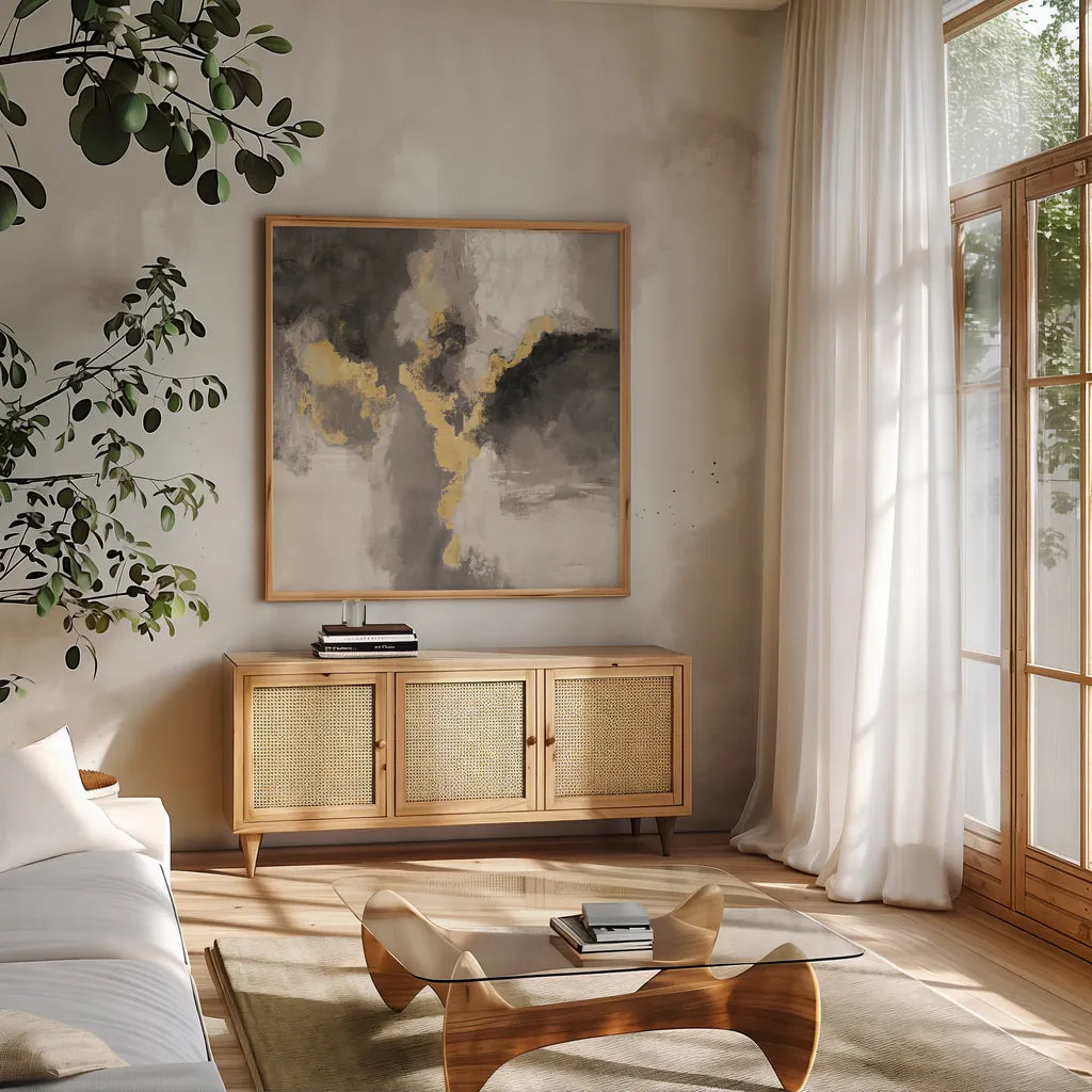 Sparkle Abstract I BWG by Silvia Vassileva. Shown in a natural wood frame in a cozy modern living room. Available as an archival giclee rolled canvas, fine art paper, or poster print. SKU 75777a.