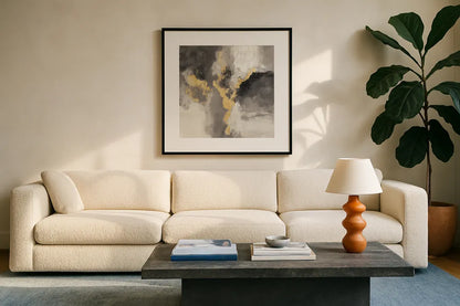 Sparkle Abstract I BWG by Silvia Vassileva. Displayed in a glass frame with matte in a clean modern living room. Available as an archival giclee rolled canvas, fine art paper, or poster print. SKU 75777a.