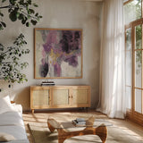 Sparkle Abstract II by Silvia Vassileva. Shown in a natural wood frame in a cozy modern living room. Available as an archival giclee rolled canvas, fine art paper, or poster print. SKU 60171a.
