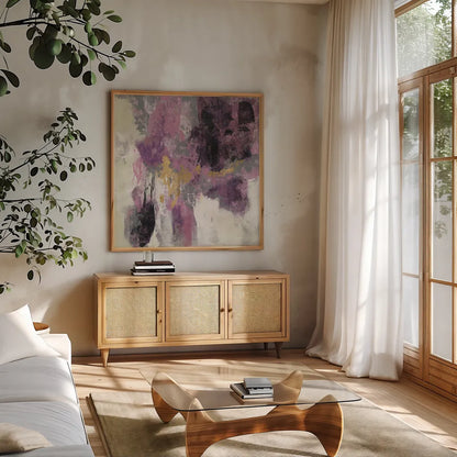 Sparkle Abstract II by Silvia Vassileva. Shown in a natural wood frame in a cozy modern living room. Available as an archival giclee rolled canvas, fine art paper, or poster print. SKU 60171a.