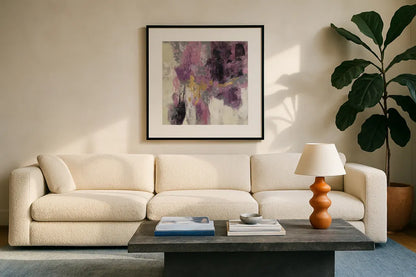 Sparkle Abstract II by Silvia Vassileva. Displayed in a glass frame with matte in a clean modern living room. Available as an archival giclee rolled canvas, fine art paper, or poster print. SKU 60171a.