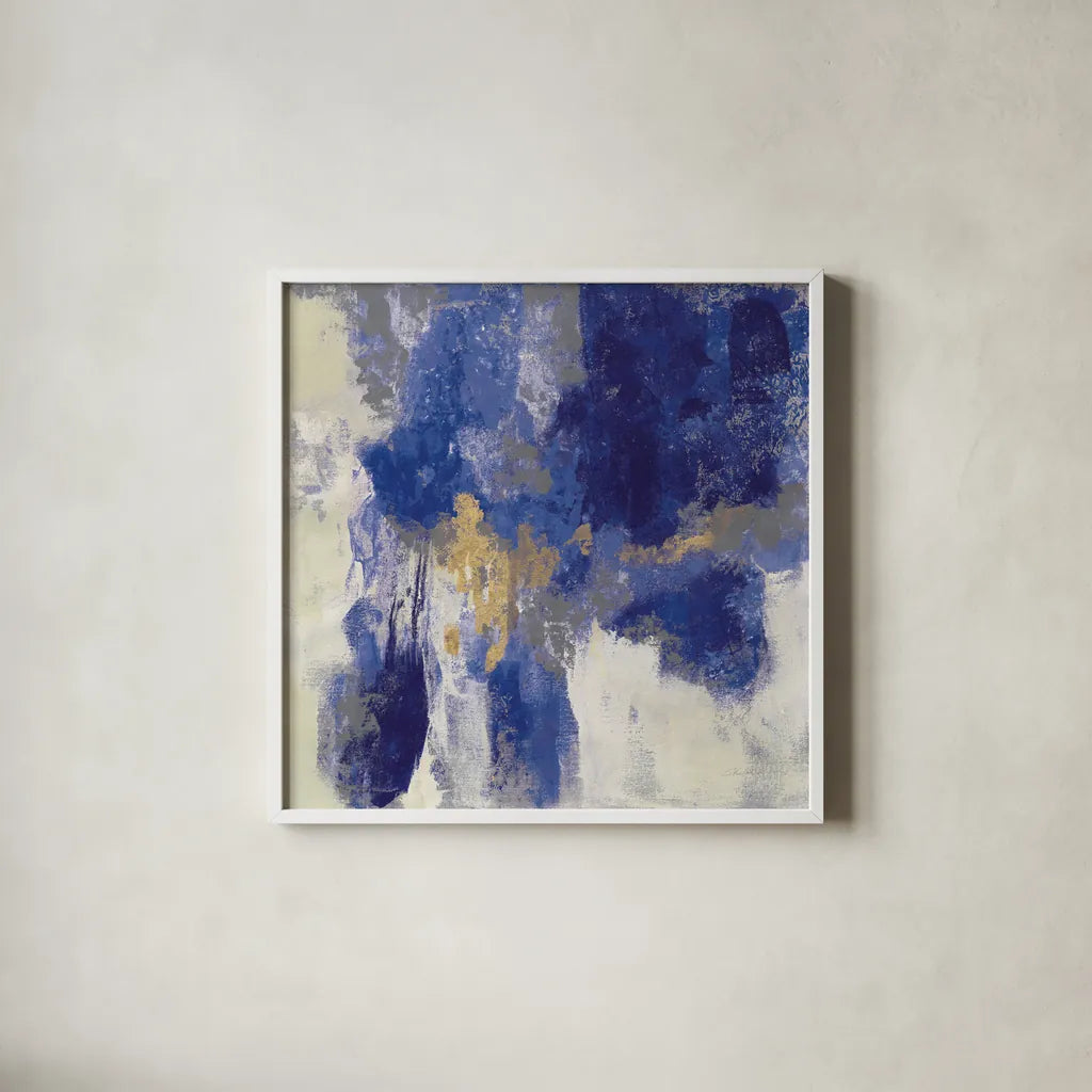 Sparkle Abstract II Blue by Silvia Vassileva. Shown in a crisp white glass frame for a clean and minimalist style. Available as an archival giclee rolled canvas, fine art paper, or poster print. SKU 65019a.