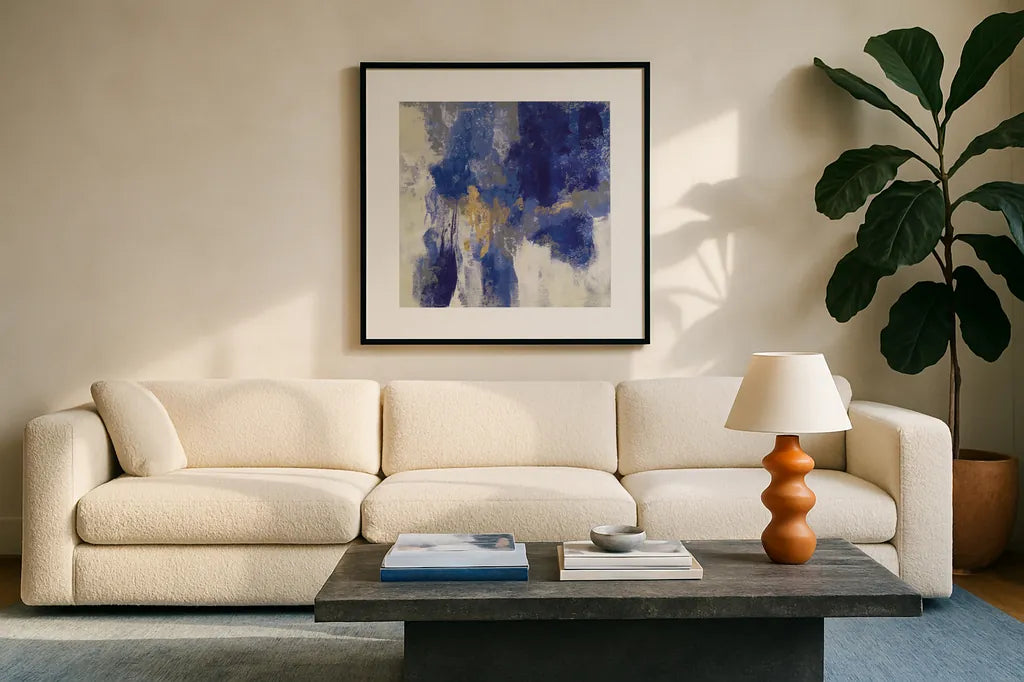Sparkle Abstract II Blue by Silvia Vassileva. Displayed in a glass frame with matte in a clean modern living room. Available as an archival giclee rolled canvas, fine art paper, or poster print. SKU 65019a.