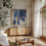 Sparkle Abstract II Navy by Silvia Vassileva. Shown in a natural wood frame in a cozy modern living room. Available as an archival giclee rolled canvas, fine art paper, or poster print. SKU 68804a.