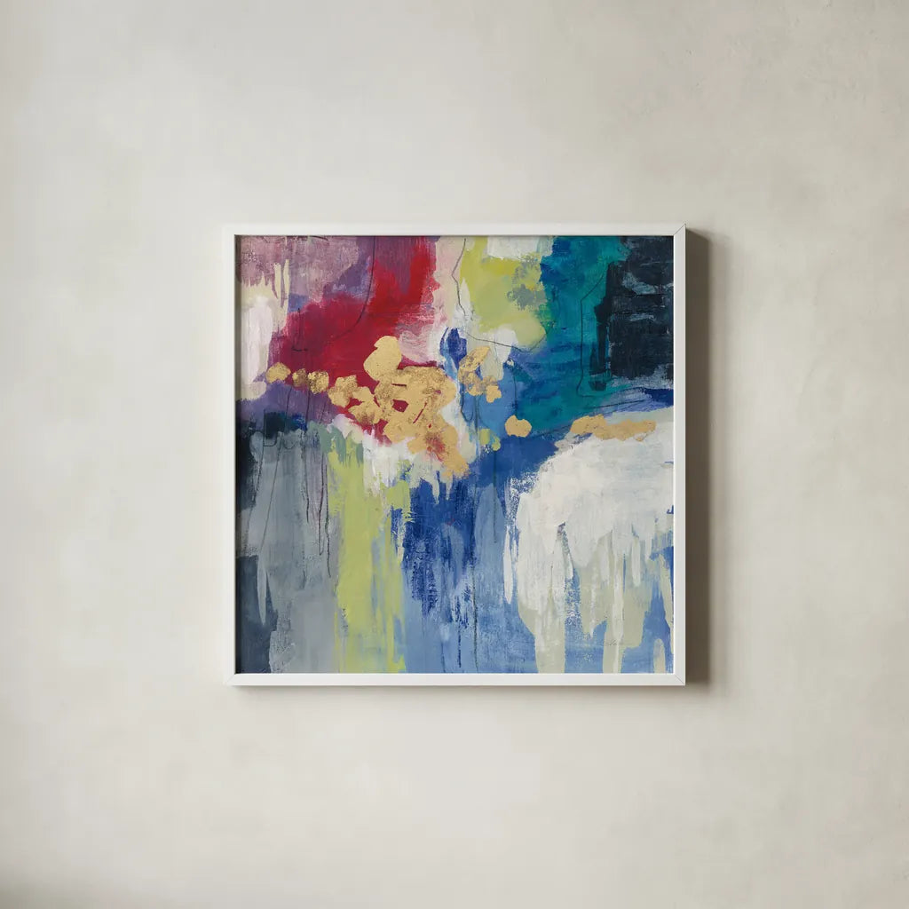 Sparkle Abstract III by Silvia Vassileva. Shown in a crisp white glass frame for a clean and minimalist style. Available as an archival giclee rolled canvas, fine art paper, or poster print. SKU 60172a.