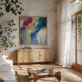 Sparkle Abstract III by Silvia Vassileva. Shown in a natural wood frame in a cozy modern living room. Available as an archival giclee rolled canvas, fine art paper, or poster print. SKU 60172a.