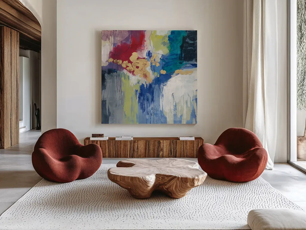 Sparkle Abstract III by Silvia Vassileva. Shown as extra-large giant wall art in a modern living room. Available as an archival giclee rolled canvas, fine art paper, or poster print. SKU 60172a.