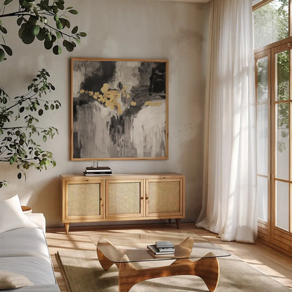 Sparkle Abstract III BWG by Silvia Vassileva. Shown in a natural wood frame in a cozy modern living room. Available as an archival giclee rolled canvas, fine art paper, or poster print. SKU 75778a.
