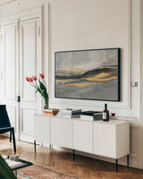Sparkling Snow by Silvia Vassileva. shown as a framed stretched canvas in a living room above a console. Available as a archival giclee rolled canvas, fine art paper, or poster print. SKU 85630i.