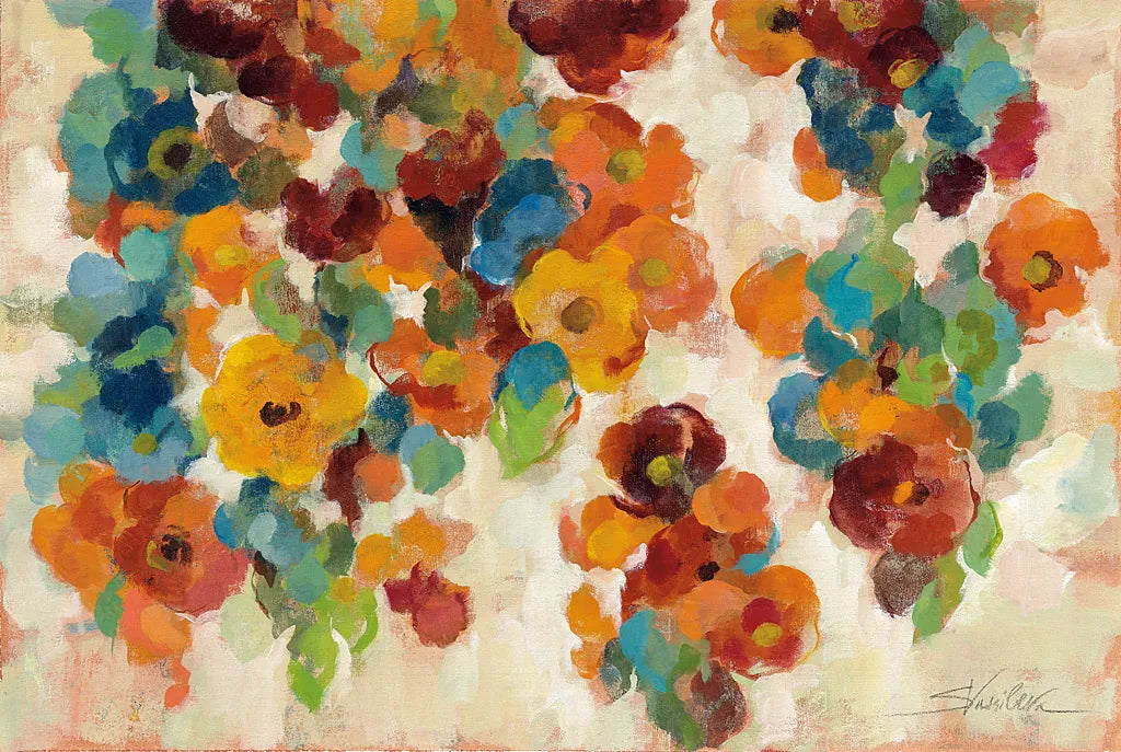 Spice and Turquoise Florals by Silvia Vassileva. SKU 22461i. Archival Giclee Fine art print for wall decor.