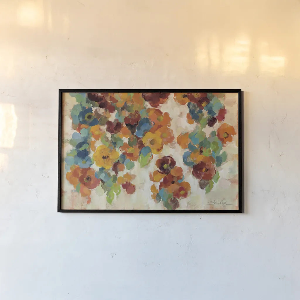 Spice and Turquoise Florals by Silvia Vassileva. shown as a paper print in a black flame. Available as a archival giclee rolled canvas, fine art paper, or poster print. SKU 22461i.