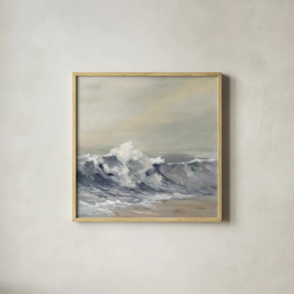 Splashing Wave by Silvia Vassileva. Shown in a natural wood glass frame for a timeless modern aesthetic. Available as an archival giclee rolled canvas, fine art paper, or poster print. SKU 72107a.