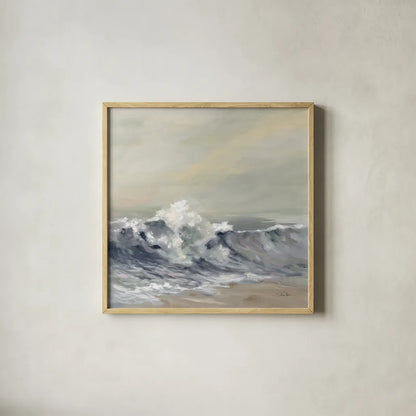 Splashing Wave by Silvia Vassileva. Shown in a natural wood glass frame for a timeless modern aesthetic. Available as an archival giclee rolled canvas, fine art paper, or poster print. SKU 72107a.