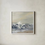 Splashing Wave by Silvia Vassileva. Shown in a crisp white glass frame for a clean and minimalist style. Available as an archival giclee rolled canvas, fine art paper, or poster print. SKU 72107a.