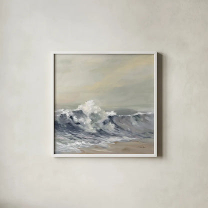 Splashing Wave by Silvia Vassileva. Shown in a crisp white glass frame for a clean and minimalist style. Available as an archival giclee rolled canvas, fine art paper, or poster print. SKU 72107a.