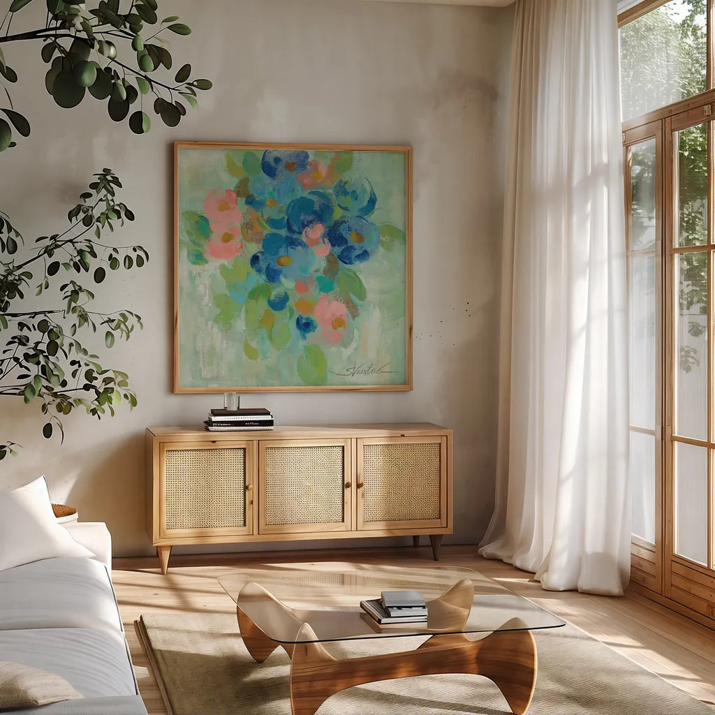 Spring Aroma II by Silvia Vassileva. Shown in a natural wood frame in a cozy modern living room. Available as an archival giclee rolled canvas, fine art paper, or poster print. SKU 23195a.