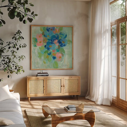 Spring Aroma II by Silvia Vassileva. Shown in a natural wood frame in a cozy modern living room. Available as an archival giclee rolled canvas, fine art paper, or poster print. SKU 23195a.