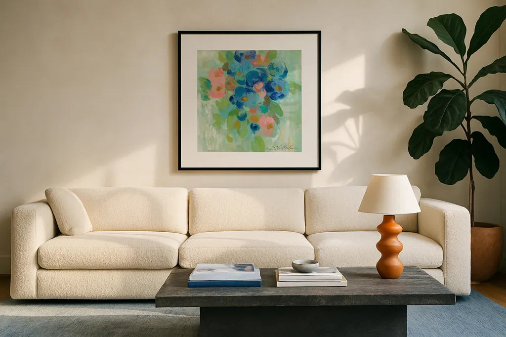 Spring Aroma II by Silvia Vassileva. Displayed in a glass frame with matte in a clean modern living room. Available as an archival giclee rolled canvas, fine art paper, or poster print. SKU 23195a.