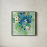 Spring Aroma II White Flowers by Silvia Vassileva. Shown in a sleek black glass frame for a contemporary gallery look. Available as an archival giclee rolled canvas, fine art paper, or poster print. SKU 23198a.
