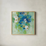 Spring Aroma II White Flowers by Silvia Vassileva. Shown in a natural wood glass frame for a timeless modern aesthetic. Available as an archival giclee rolled canvas, fine art paper, or poster print. SKU 23198a.