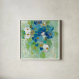 Spring Aroma II White Flowers by Silvia Vassileva. Shown in a crisp white glass frame for a clean and minimalist style. Available as an archival giclee rolled canvas, fine art paper, or poster print. SKU 23198a.