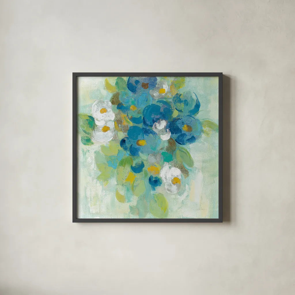Spring Aroma II Yellow by Silvia Vassileva. Shown in a sleek black glass frame for a contemporary gallery look. Available as an archival giclee rolled canvas, fine art paper, or poster print. SKU 31561a.