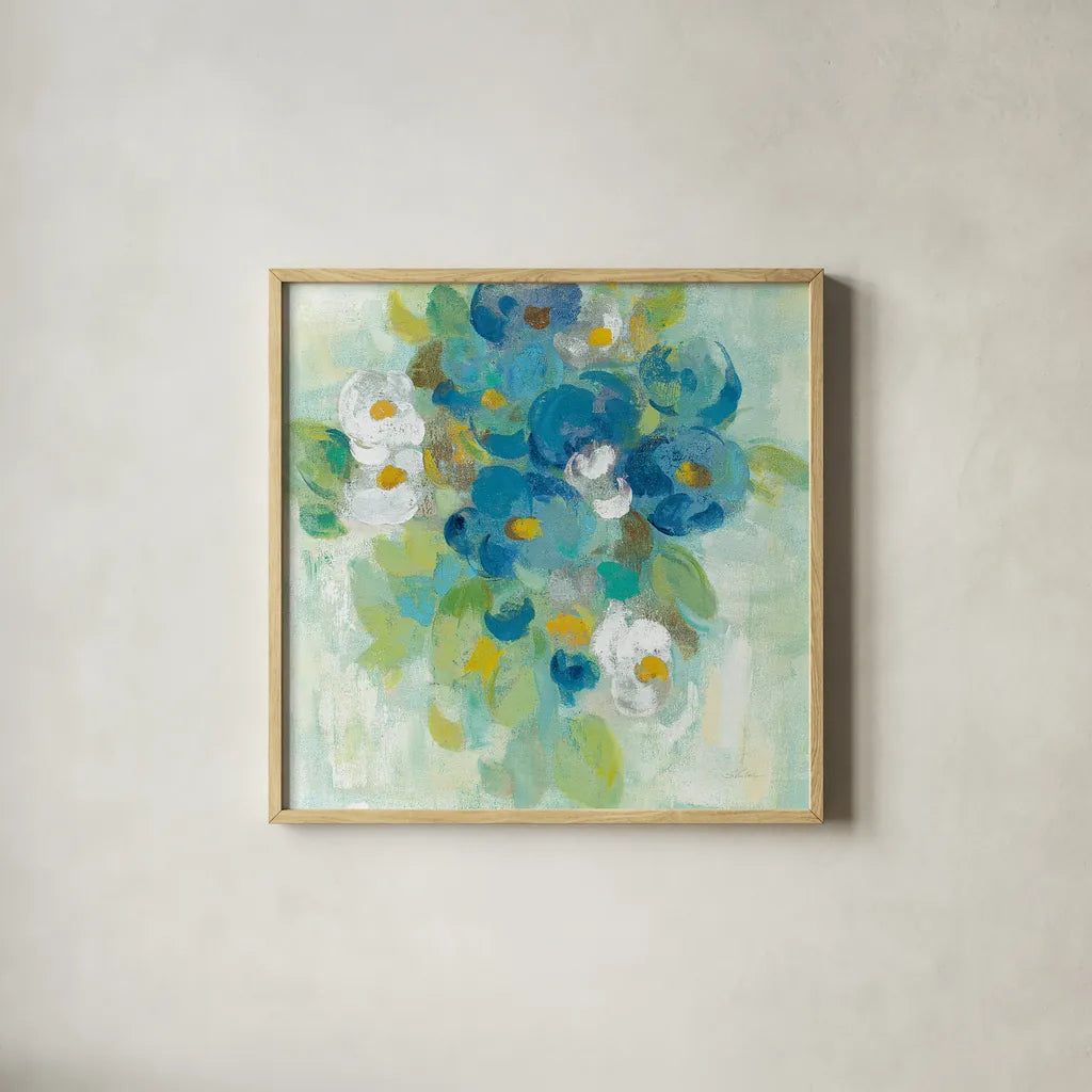Spring Aroma II Yellow by Silvia Vassileva. Shown in a natural wood glass frame for a timeless modern aesthetic. Available as an archival giclee rolled canvas, fine art paper, or poster print. SKU 31561a.