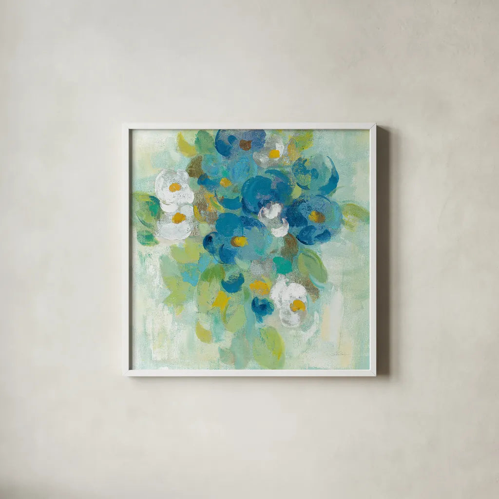Spring Aroma II Yellow by Silvia Vassileva. Shown in a crisp white glass frame for a clean and minimalist style. Available as an archival giclee rolled canvas, fine art paper, or poster print. SKU 31561a.
