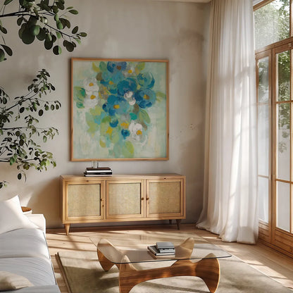 Spring Aroma II Yellow by Silvia Vassileva. Shown in a natural wood frame in a cozy modern living room. Available as an archival giclee rolled canvas, fine art paper, or poster print. SKU 31561a.
