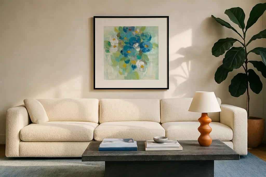 Spring Aroma II Yellow by Silvia Vassileva. Displayed in a glass frame with matte in a clean modern living room. Available as an archival giclee rolled canvas, fine art paper, or poster print. SKU 31561a.