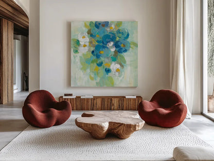 Spring Aroma II Yellow by Silvia Vassileva. Shown as extra-large giant wall art in a modern living room. Available as an archival giclee rolled canvas, fine art paper, or poster print. SKU 31561a.