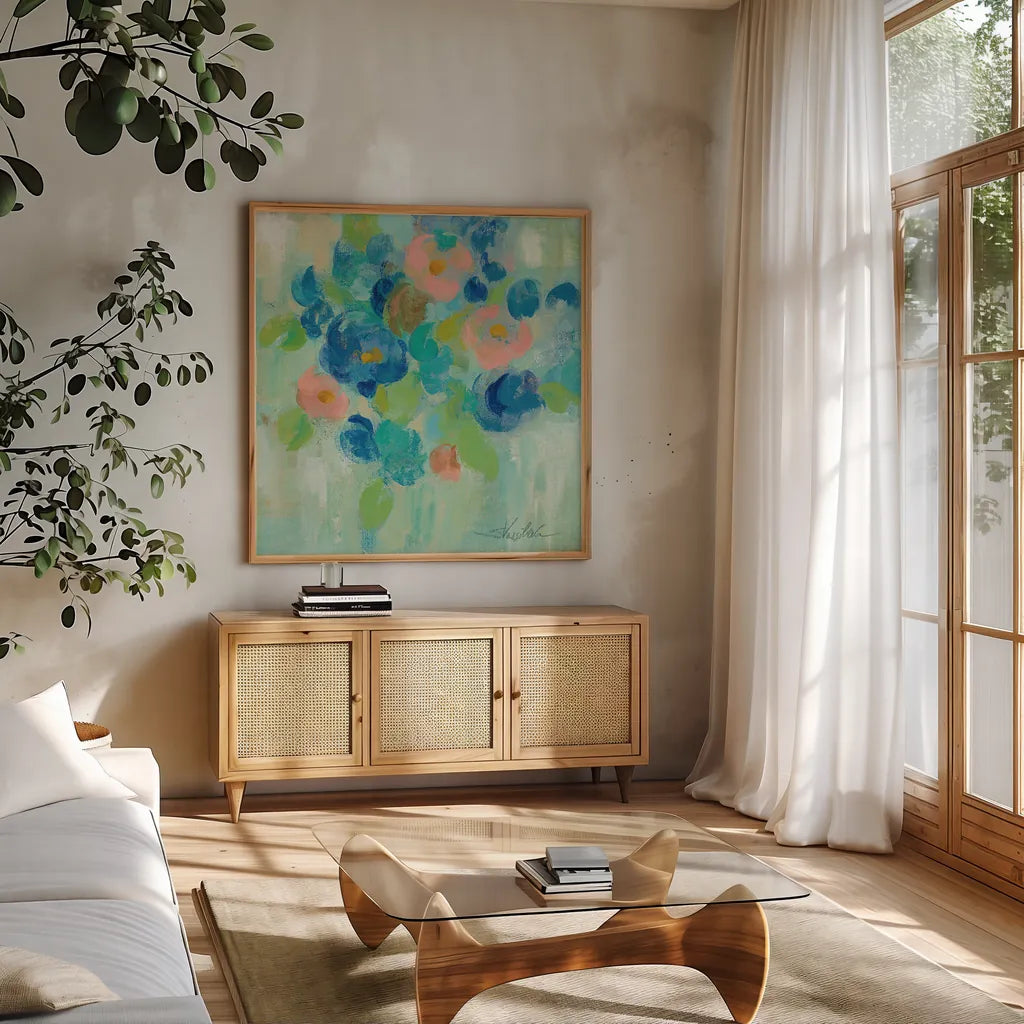 Spring Aroma III by Silvia Vassileva. Shown in a natural wood frame in a cozy modern living room. Available as an archival giclee rolled canvas, fine art paper, or poster print. SKU 23196a.
