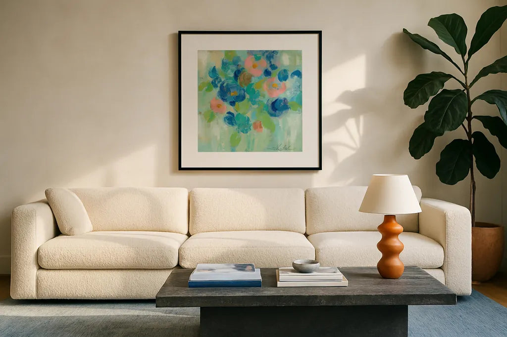 Spring Aroma III by Silvia Vassileva. Displayed in a glass frame with matte in a clean modern living room. Available as an archival giclee rolled canvas, fine art paper, or poster print. SKU 23196a.