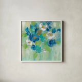 Spring Aroma III White Flowers by Silvia Vassileva. Shown in a crisp white glass frame for a clean and minimalist style. Available as an archival giclee rolled canvas, fine art paper, or poster print. SKU 23199a.