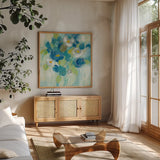 Spring Aroma III Yellow by Silvia Vassileva. Shown in a natural wood frame in a cozy modern living room. Available as an archival giclee rolled canvas, fine art paper, or poster print. SKU 31562a.