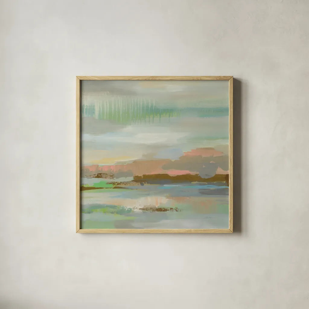 Spring Desert I by Silvia Vassileva. Shown in a natural wood glass frame for a timeless modern aesthetic. Available as an archival giclee rolled canvas, fine art paper, or poster print. SKU 31689a.