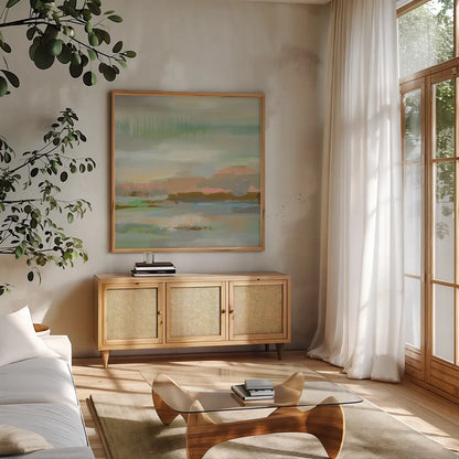 Spring Desert I by Silvia Vassileva. Shown in a natural wood frame in a cozy modern living room. Available as an archival giclee rolled canvas, fine art paper, or poster print. SKU 31689a.