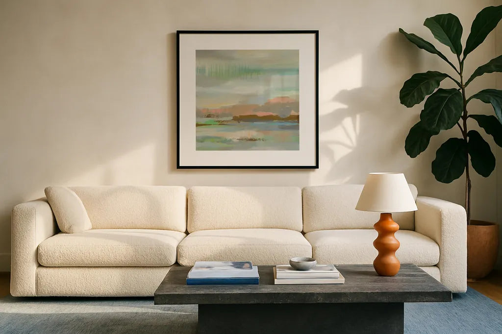 Spring Desert I by Silvia Vassileva. Displayed in a glass frame with matte in a clean modern living room. Available as an archival giclee rolled canvas, fine art paper, or poster print. SKU 31689a.