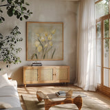 Spring Field II Neutral by Silvia Vassileva. Shown in a natural wood frame in a cozy modern living room. Available as an archival giclee rolled canvas, fine art paper, or poster print. SKU 88148a.