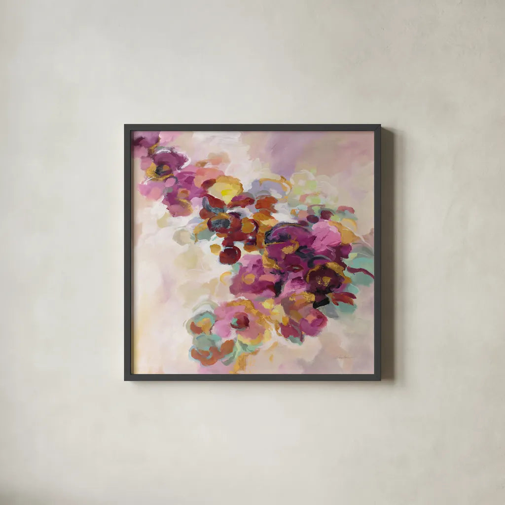 Spring Flowerbed by Silvia Vassileva. Shown in a sleek black glass frame for a contemporary gallery look. Available as an archival giclee rolled canvas, fine art paper, or poster print. SKU 67014a.