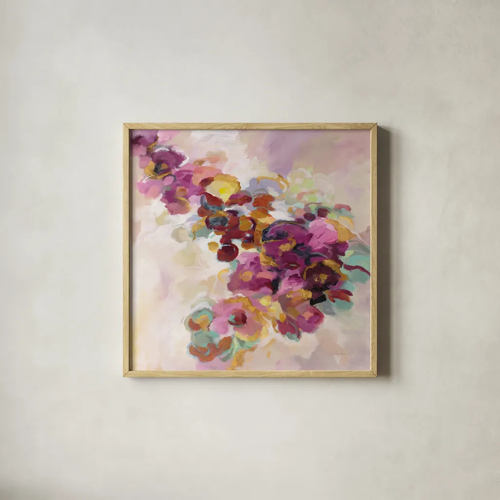 Spring Flowerbed by Silvia Vassileva. Shown in a natural wood glass frame for a timeless modern aesthetic. Available as an archival giclee rolled canvas, fine art paper, or poster print. SKU 67014a.