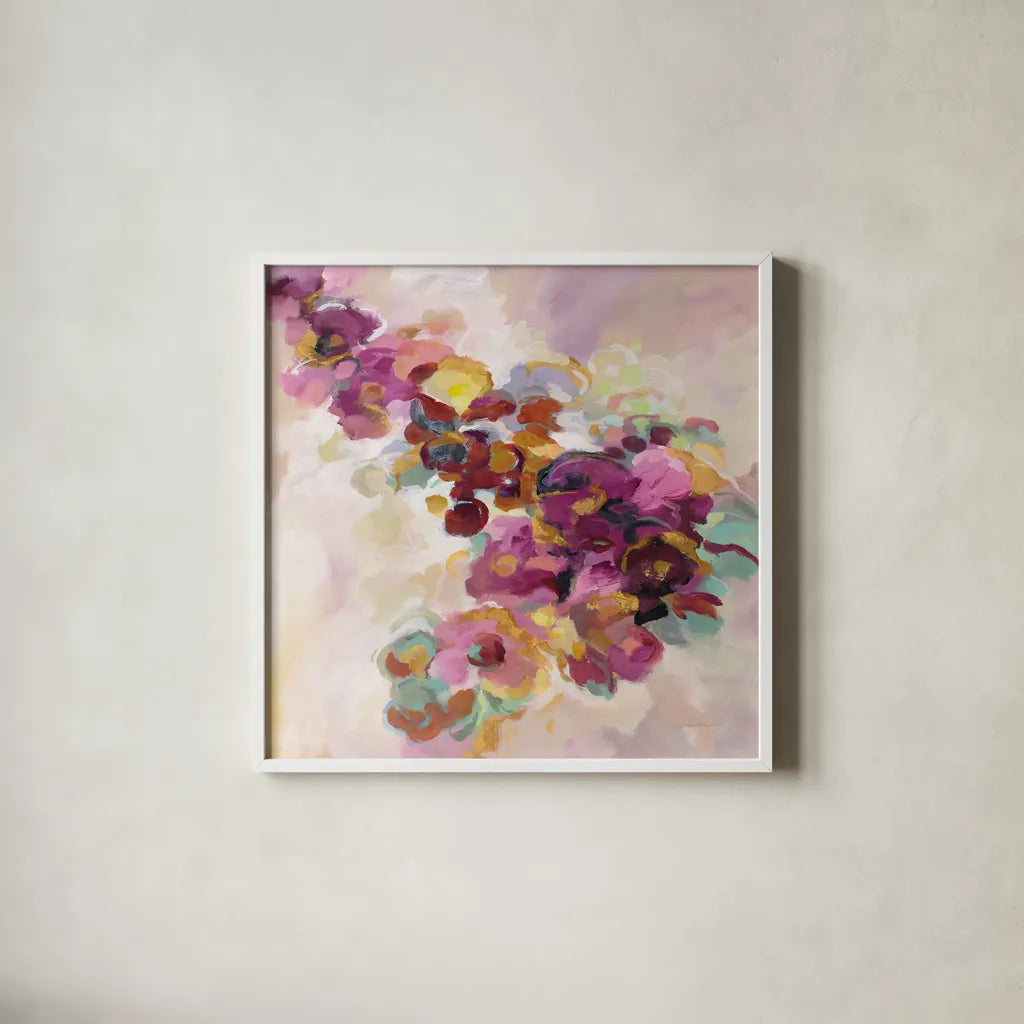 Spring Flowerbed by Silvia Vassileva. Shown in a crisp white glass frame for a clean and minimalist style. Available as an archival giclee rolled canvas, fine art paper, or poster print. SKU 67014a.