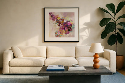 Spring Flowerbed by Silvia Vassileva. Displayed in a glass frame with matte in a clean modern living room. Available as an archival giclee rolled canvas, fine art paper, or poster print. SKU 67014a.