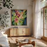 Spring Flowers in a Vase I by Silvia Vassileva. Shown in a natural wood frame in a cozy modern living room. Available as an archival giclee rolled canvas, fine art paper, or poster print. SKU 80857a.