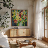 Spring Flowers in a Vase II by Silvia Vassileva. Shown in a natural wood frame in a cozy modern living room. Available as an archival giclee rolled canvas, fine art paper, or poster print. SKU 80858a.